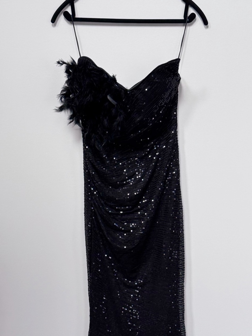 Source Unknown Black Strapless Sequin Feather Gown